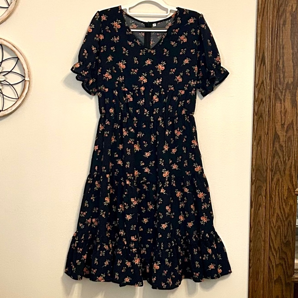 BAIYA MEISHA Women’s Navy Blue Floral Puff Sleeve Dress, Size Medium